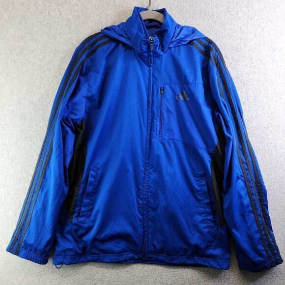 Adidas Windbreaker Jacket Mens M Blue Drive 2 Stowaway Hood Mesh Lined Track - Picture 1 of 15